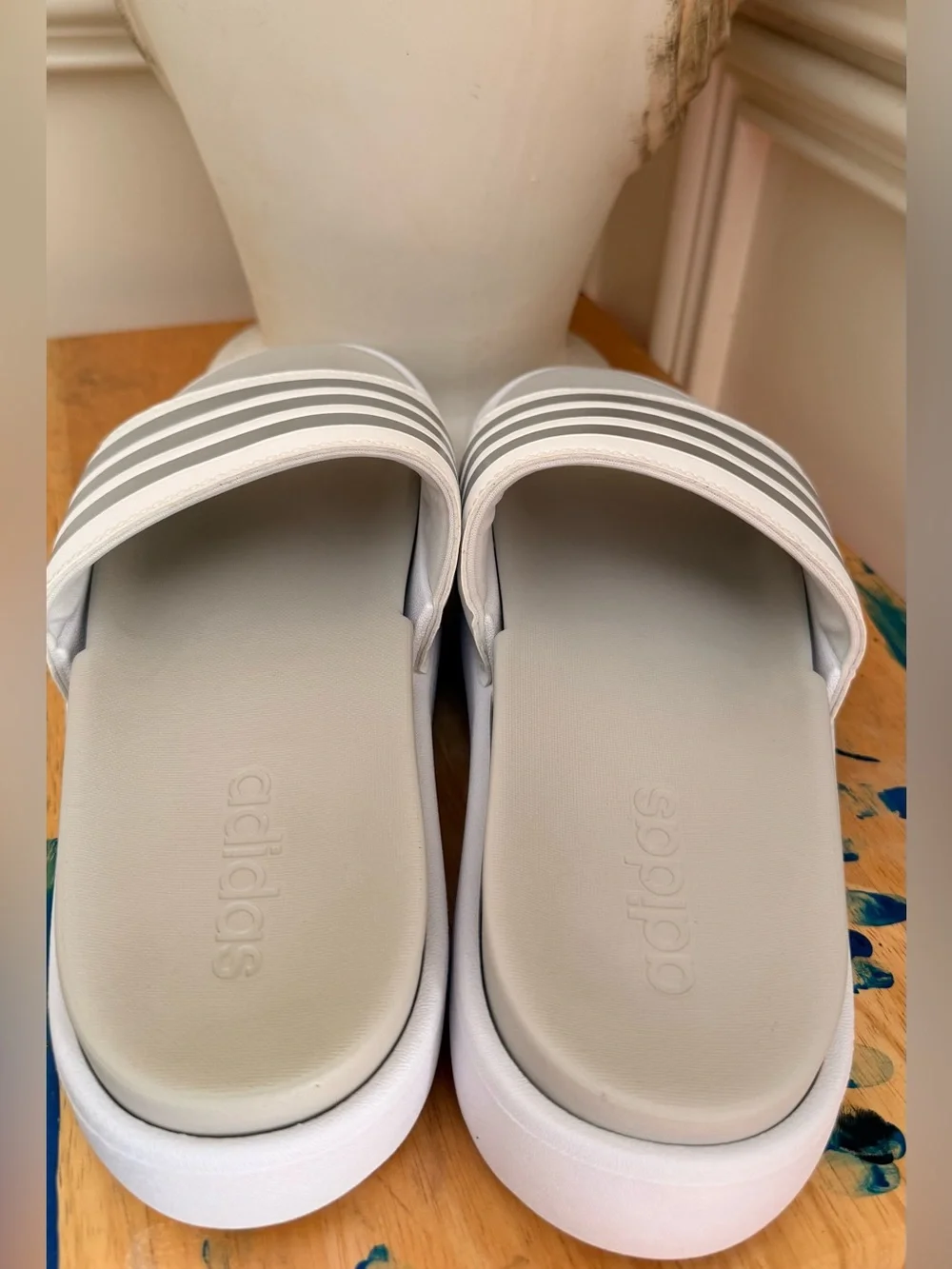 adidas Women’s Adilette White Grey Metallic Platform Slides Size 8